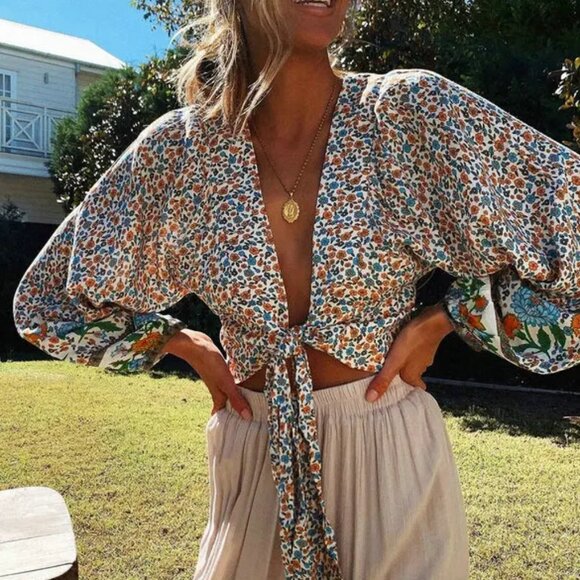 Floral Tie-Front Crop Top - Blue and Orange - Picture 2 of 10